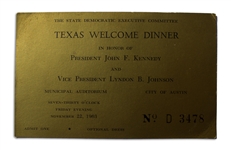 Texas Welcome Dinner Ticket, Scheduled for John F. Kennedy on 22 November 1963